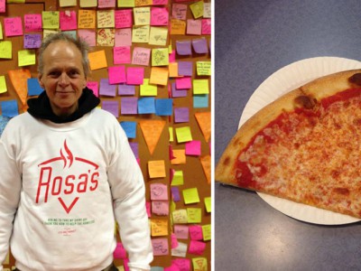 Получить пиццу бесплатно: Масон Вотерман на фоне стены со стикерами